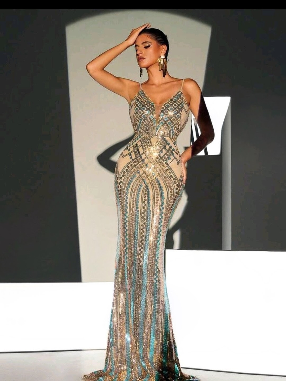 Elegant Sequin Mermaid Gown in Champagne and Teal